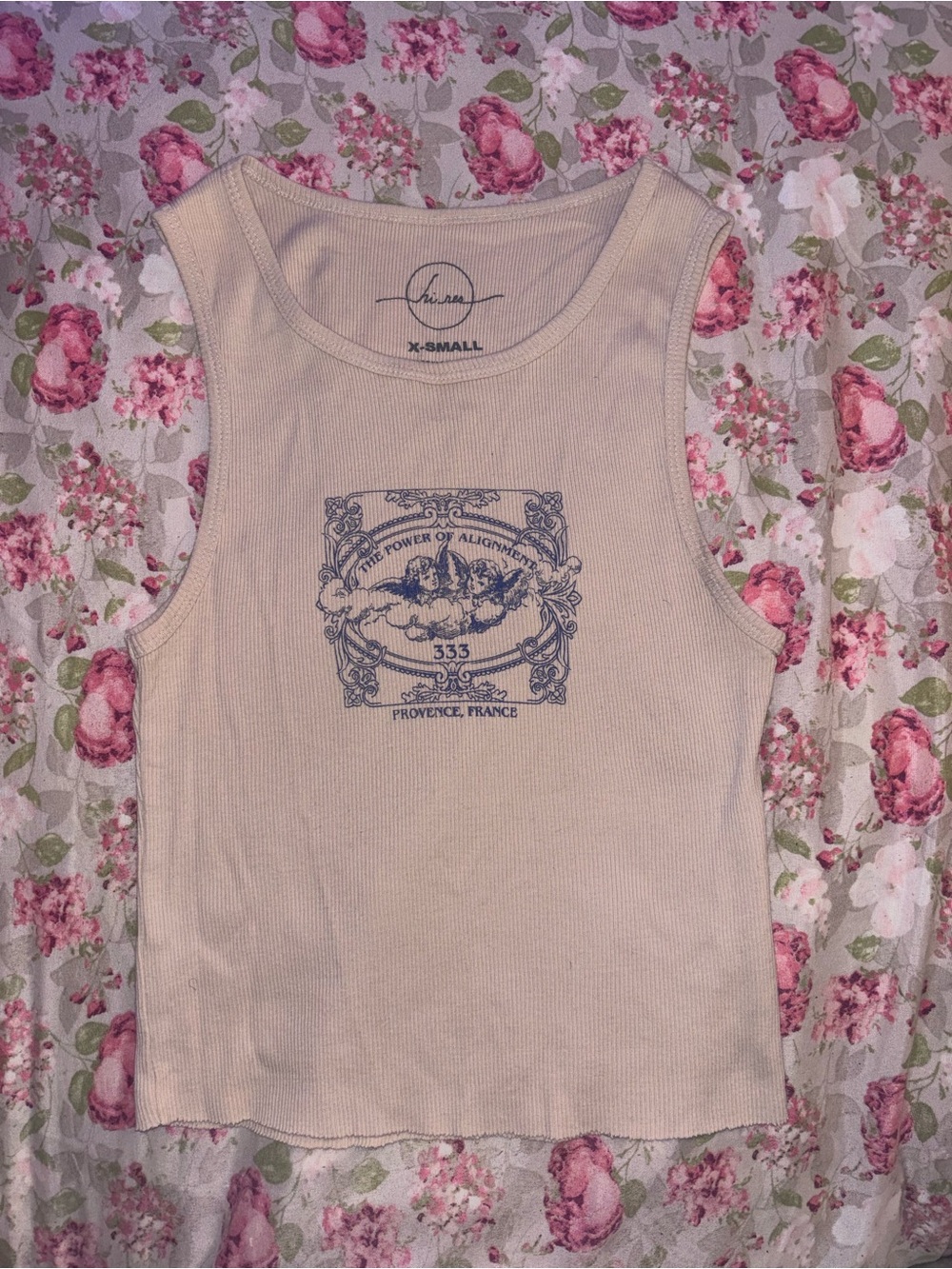 Beige Graphic Ribbed Tank Top - X-Small
